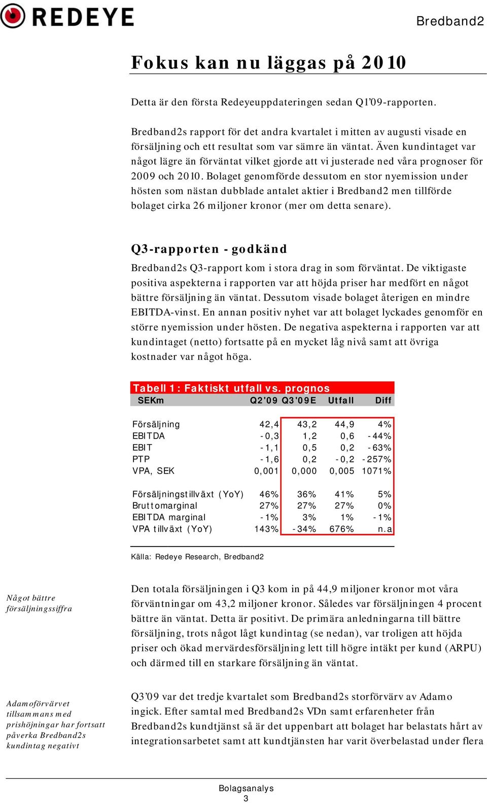 Även kundintaget var något lägre än förväntat vilket gjorde att vi justerade ned våra prognoser för 2009 och 2010.