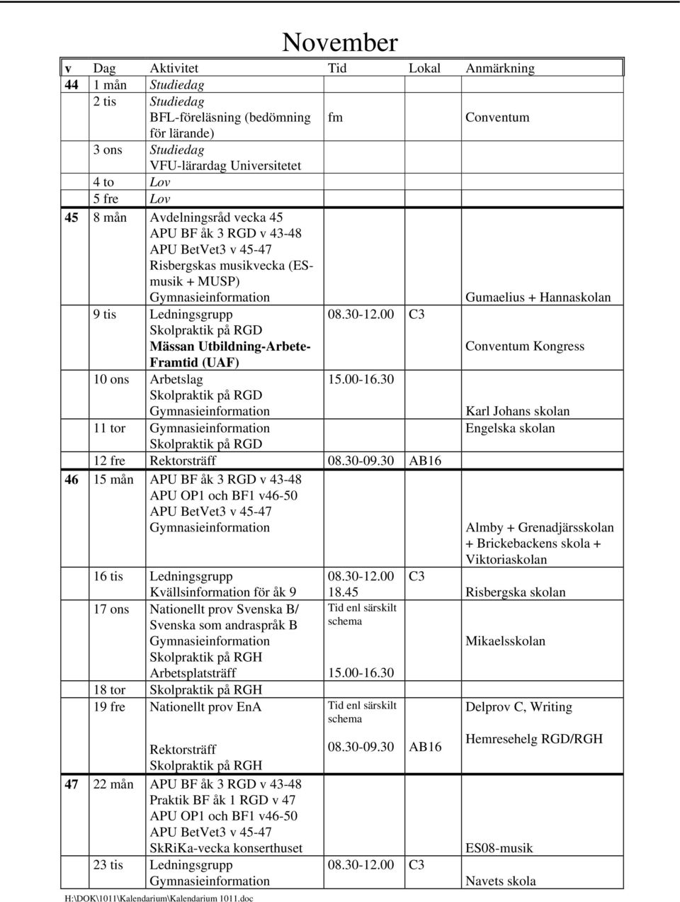 10 ons Arbetslag Skolpraktik på RGD Karl Johans skolan 11 tor Engelska skolan Skolpraktik på RGD 12 fre Rektorsträff 46 15 mån APU BF åk 3 RGD v 43-48 APU OP1 och BF1 v46-50 APU BetVet3 v 45-47 16