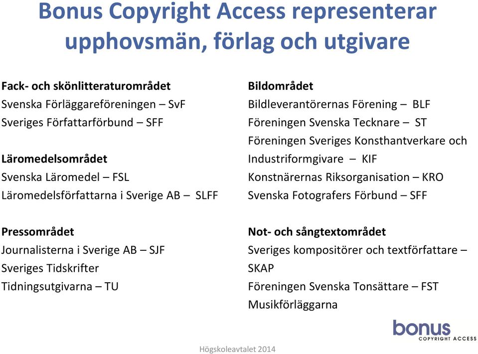 Föreningen Sveriges Konsthantverkare och Industriformgivare KIF Konstnärernas Riksorganisation KRO Svenska Fotografers Förbund SFF Pressområdet Journalisterna i