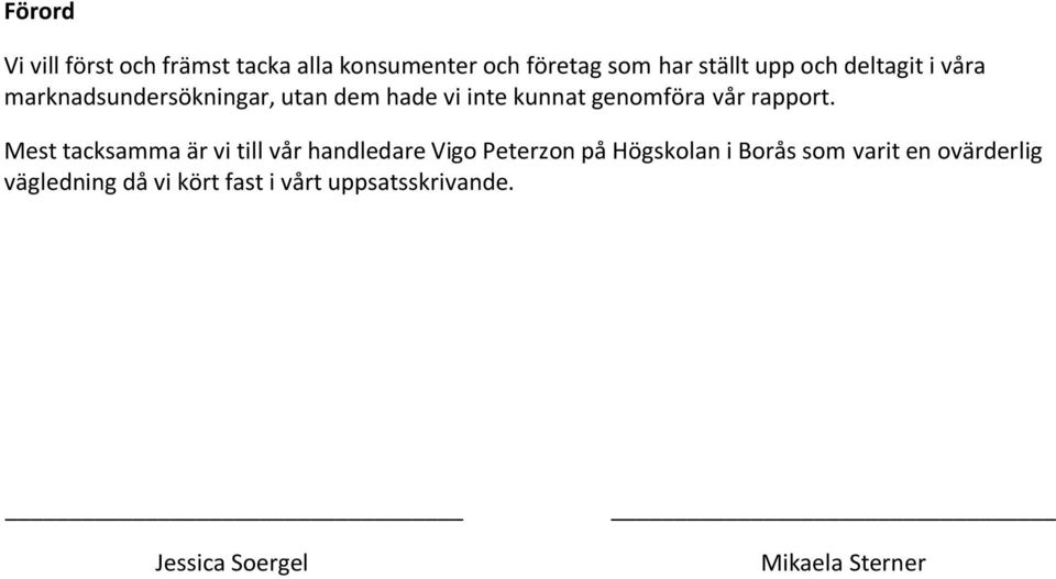 Mest tacksamma är vi till vår handledare Vigo Peterzon på Högskolan i Borås som varit en