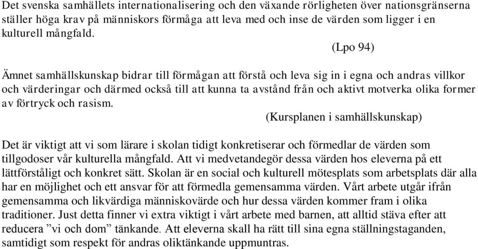 (Lpo 94) Ämnet samhällskunskap bidrar till förmågan att förstå och leva sig in i egna och andras villkor och värderingar och därmed också till att kunna ta avstånd från och aktivt motverka olika