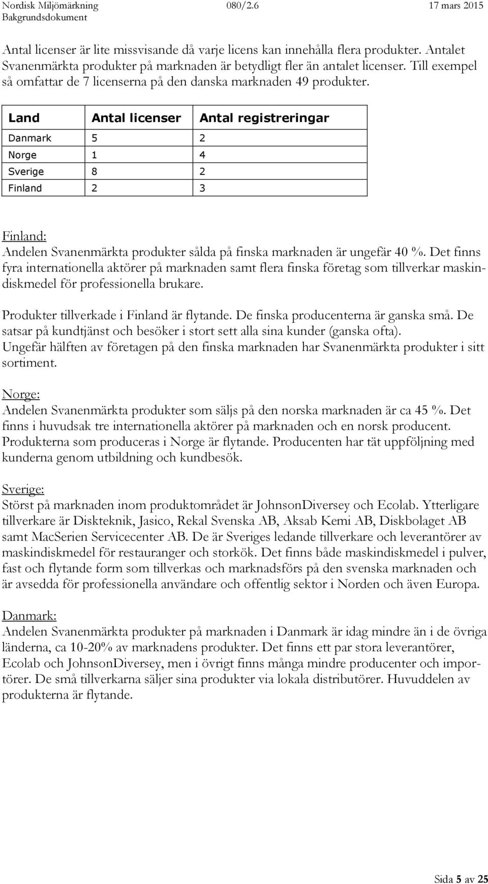 Land Antal licenser Antal registreringar Danmark 5 2 Norge 1 4 Sverige 8 2 Finland 2 3 Finland: Andelen Svanenmärkta produkter sålda på finska marknaden är ungefär 40 %.