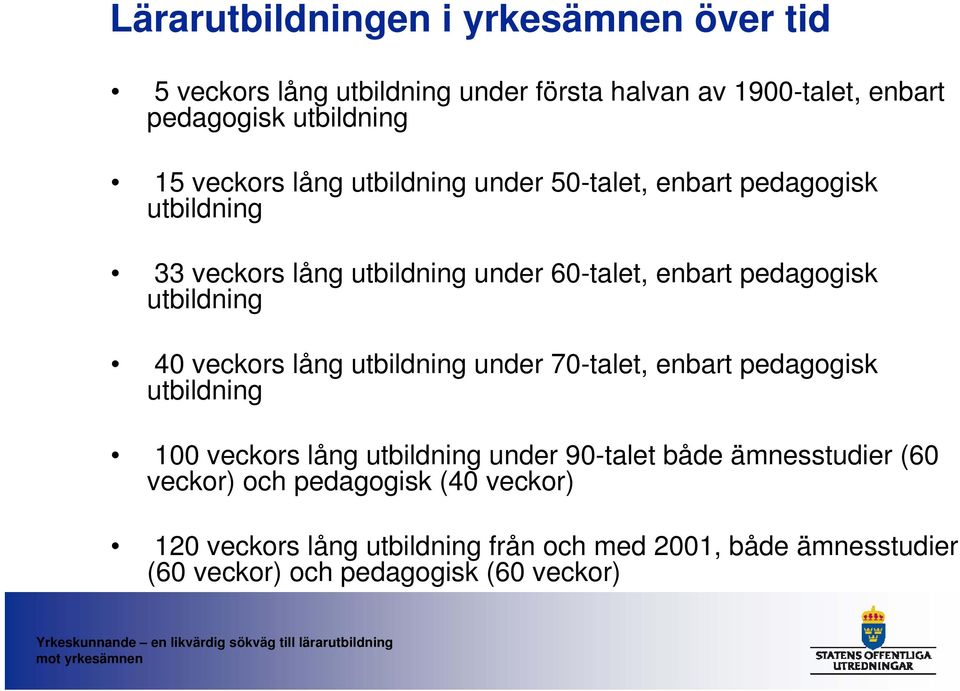 utbildning 40 veckors lång utbildning under 70-talet, enbart pedagogisk utbildning 100 veckors lång utbildning under 90-talet både