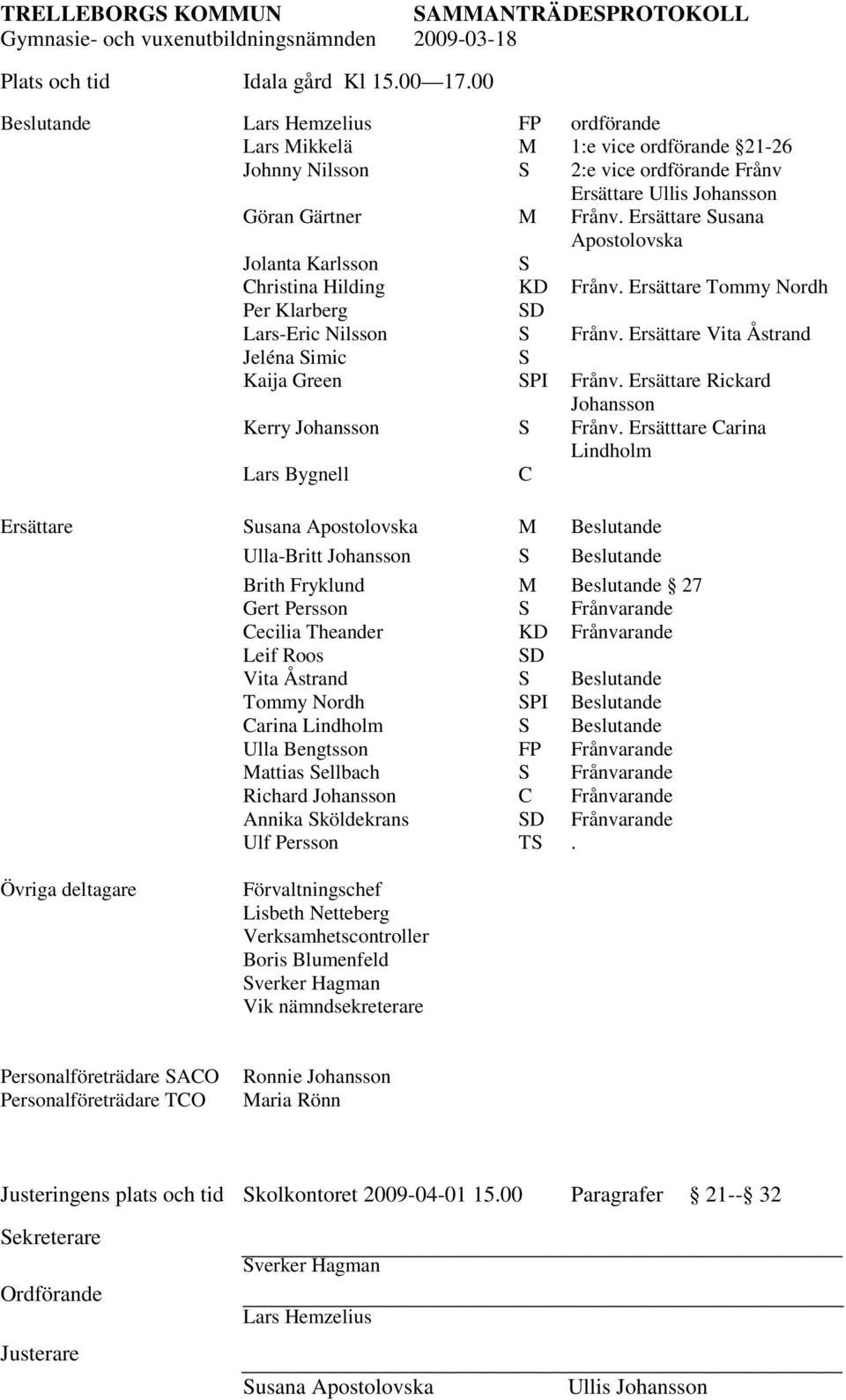 Ersättare Susana Apostolovska Jolanta Karlsson S Christina Hilding KD Frånv. Ersättare Tommy Nordh Per Klarberg SD Lars-Eric Nilsson S Frånv.