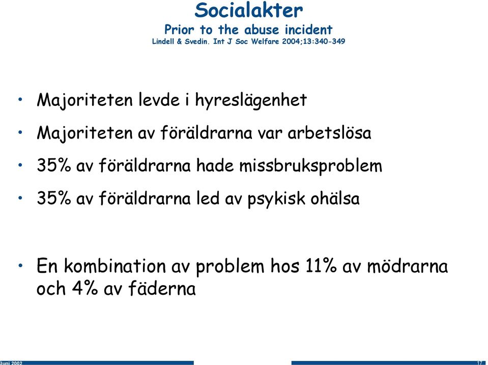 Majoriteten av föräldrarna var arbetslösa 35% av föräldrarna hade