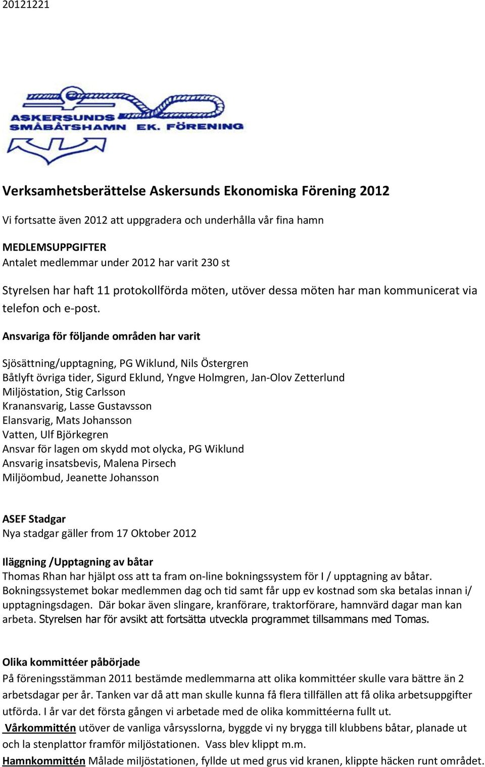 Ansvariga för följande områden har varit Sjösättning/upptagning, PG Wiklund, Nils Östergren Båtlyft övriga tider, Sigurd Eklund, Yngve Holmgren, Jan-Olov Zetterlund Miljöstation, Stig Carlsson