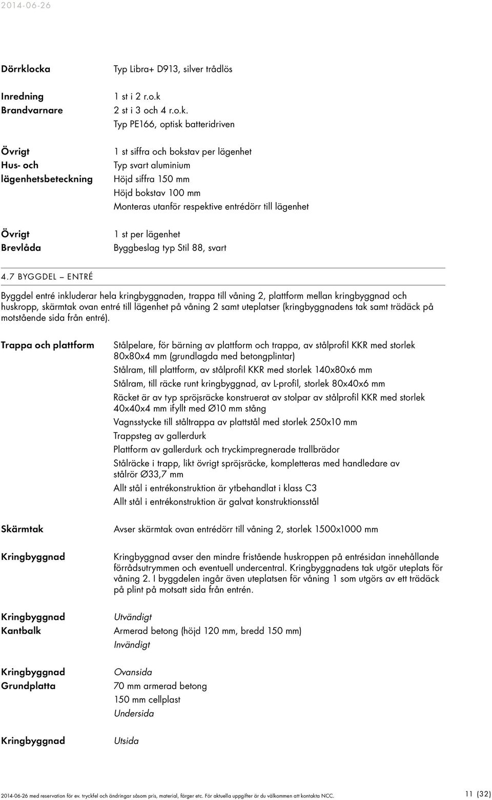 lägenhet Typ svart aluminium Höjd siffra 150 mm Höjd bokstav 100 mm Monteras utanför respektive entrédörr till lägenhet Övrigt Brevlåda 1 st per lägenhet Byggbeslag typ Stil 88, svart 4.