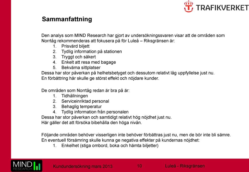 En förbättring här skulle ge störst effekt och nöjdare kunder. De områden som Norrtåg redan är bra på är: 1. Tidhållningen 2. Serviceinriktad personal 3. Behaglig temperatur 4.