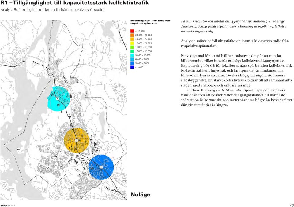 Kring pendeltågsstationen i Barkarby är befolkningstätheten anmärkningsvärt låg. Analysen mäter befolkningstätheten inom 1 kilometers radie från respektive spårstation.