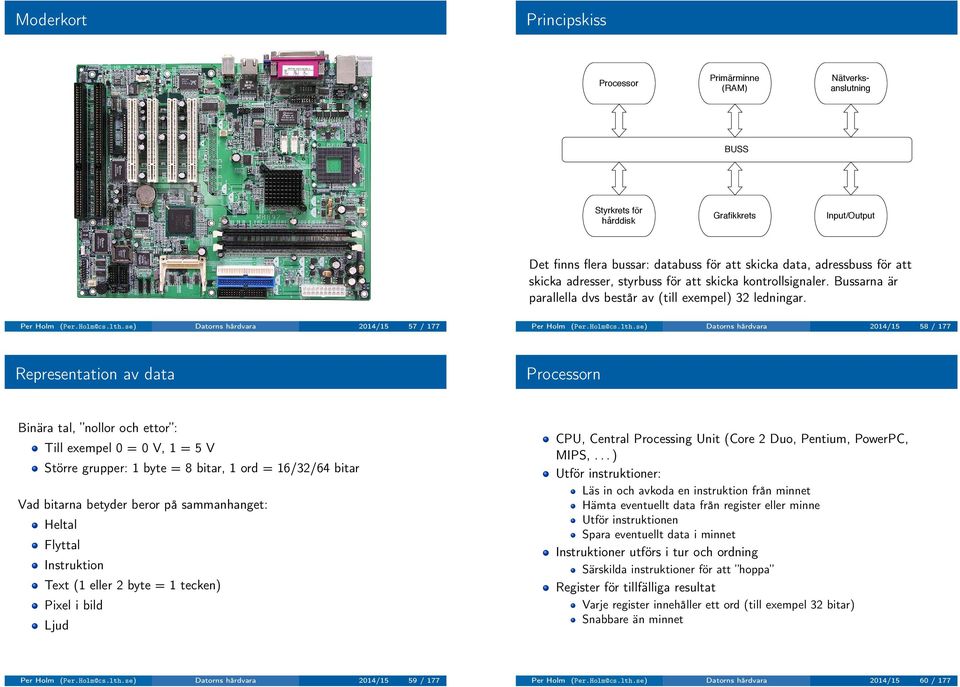 57 / 177 58 / 177 Representation av data Processorn Binära tal, nollor och ettor : Till exempel 0 = 0 V, 1 = 5 V Större grupper: 1 byte = 8 bitar, 1 ord = 16/32/64 bitar Vad bitarna betyder beror på