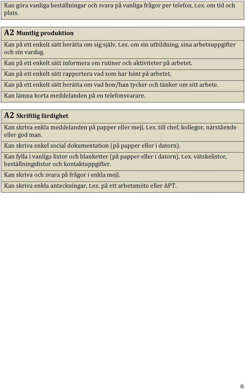 Kan på ett enkelt sätt berätta om vad hon/han tycker och tänker om sitt arbete. Kan lämna korta meddelanden på en telefonsvarare.