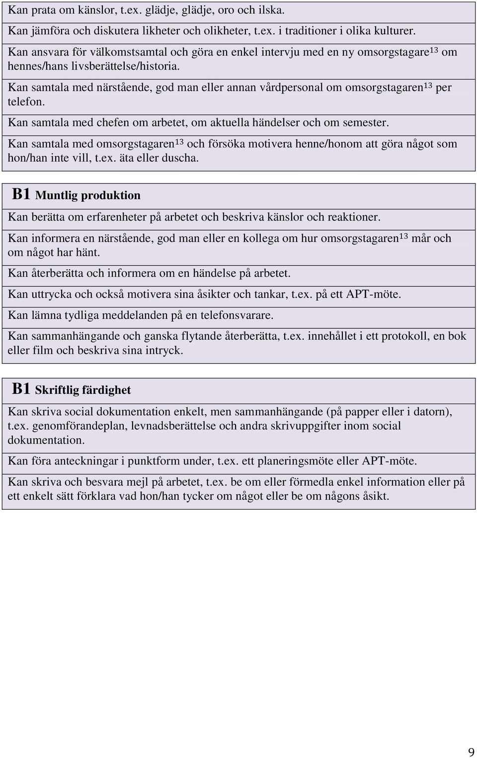 Kan samtala med närstående, god man eller annan vårdpersonal om omsorgstagaren 13 per telefon. Kan samtala med chefen om arbetet, om aktuella händelser och om semester.