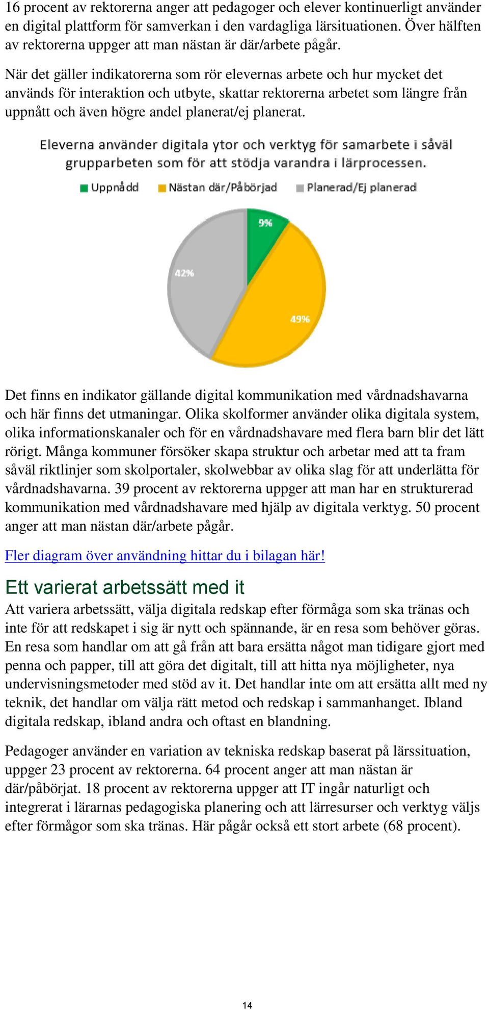 När det gäller indikatorerna som rör elevernas arbete och hur mycket det används för interaktion och utbyte, skattar rektorerna arbetet som längre från uppnått och även högre andel planerat/ej