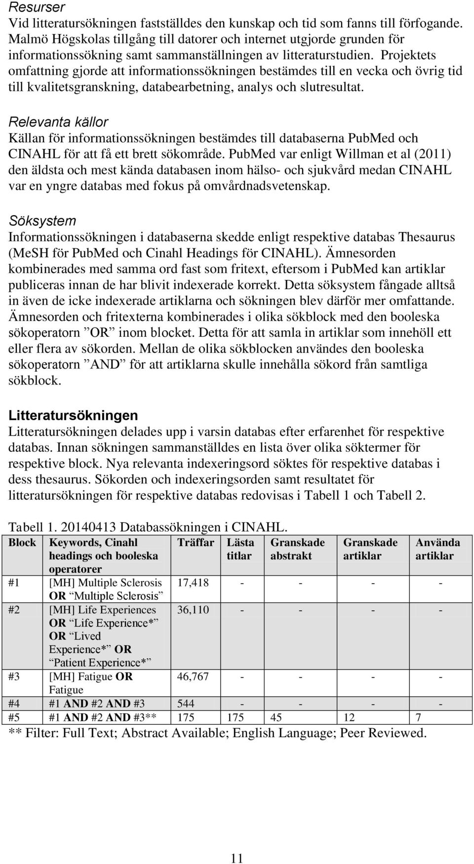 Projektets omfattning gjorde att informationssökningen bestämdes till en vecka och övrig tid till kvalitetsgranskning, databearbetning, analys och slutresultat.