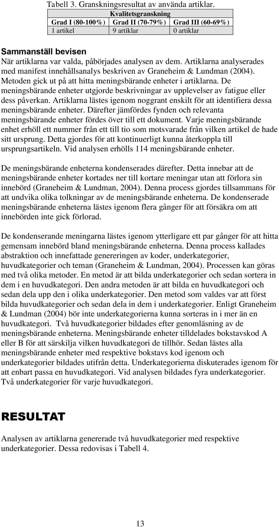 Artiklarna analyserades med manifest innehållsanalys beskriven av Graneheim & Lundman (2004). Metoden gick ut på att hitta meningsbärande enheter i artiklarna.
