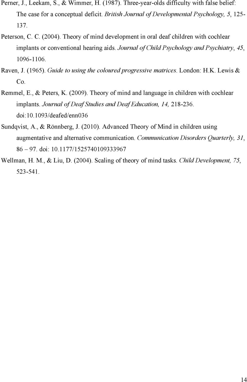 Guide to using the coloured progressive matrices. London: H.K. Lewis & Co. Remmel, E., & Peters, K. (2009). Theory of mind and language in children with cochlear implants.