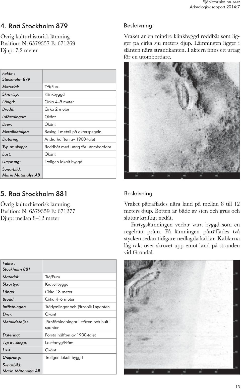 Fakta : Stockholm 879 Material: Skrovtyp: Längd: Bredd: Infästningar: Drev: Metalldetaljer: Datering: Typ av skepp: Last: Ursprung: Sonarbild: Marin Mätanalys AB Trä/Furu Klinkbyggd Cirka 4 5 meter