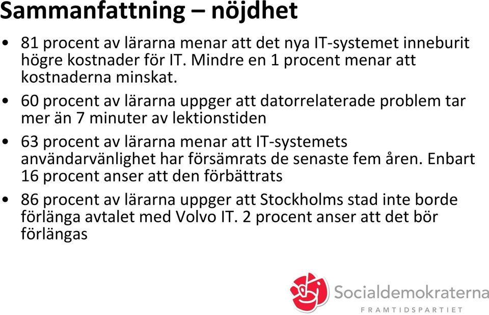 60 procent av lärarna uppger att datorrelaterade problem tar mer än 7 minuter av lektionstiden 63 procent av lärarna menar att