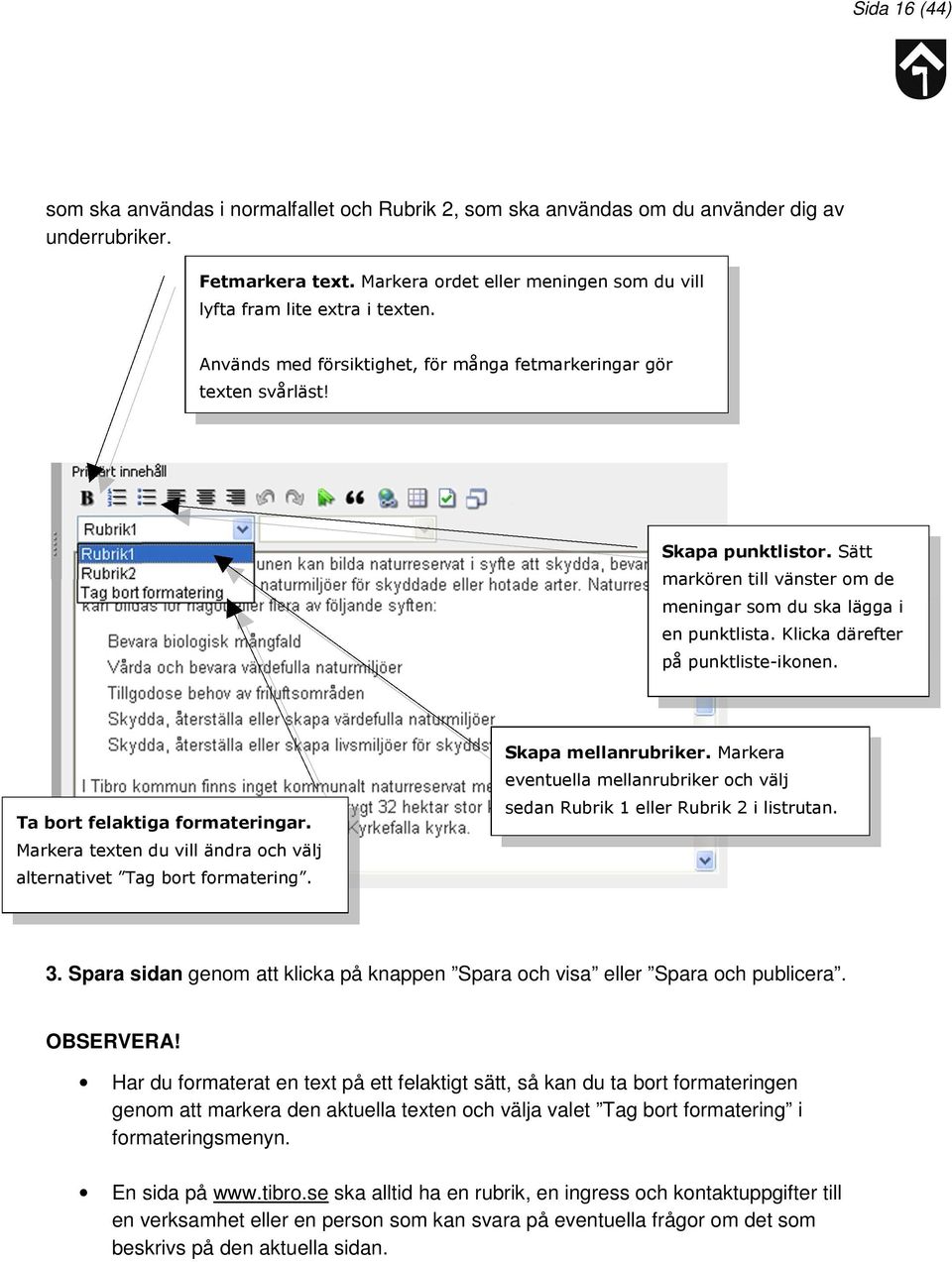 Sätt markören till vänster om de meningar som du ska lägga i en punktlista. Klicka därefter på punktliste-ikonen. Ta bort felaktiga formateringar.