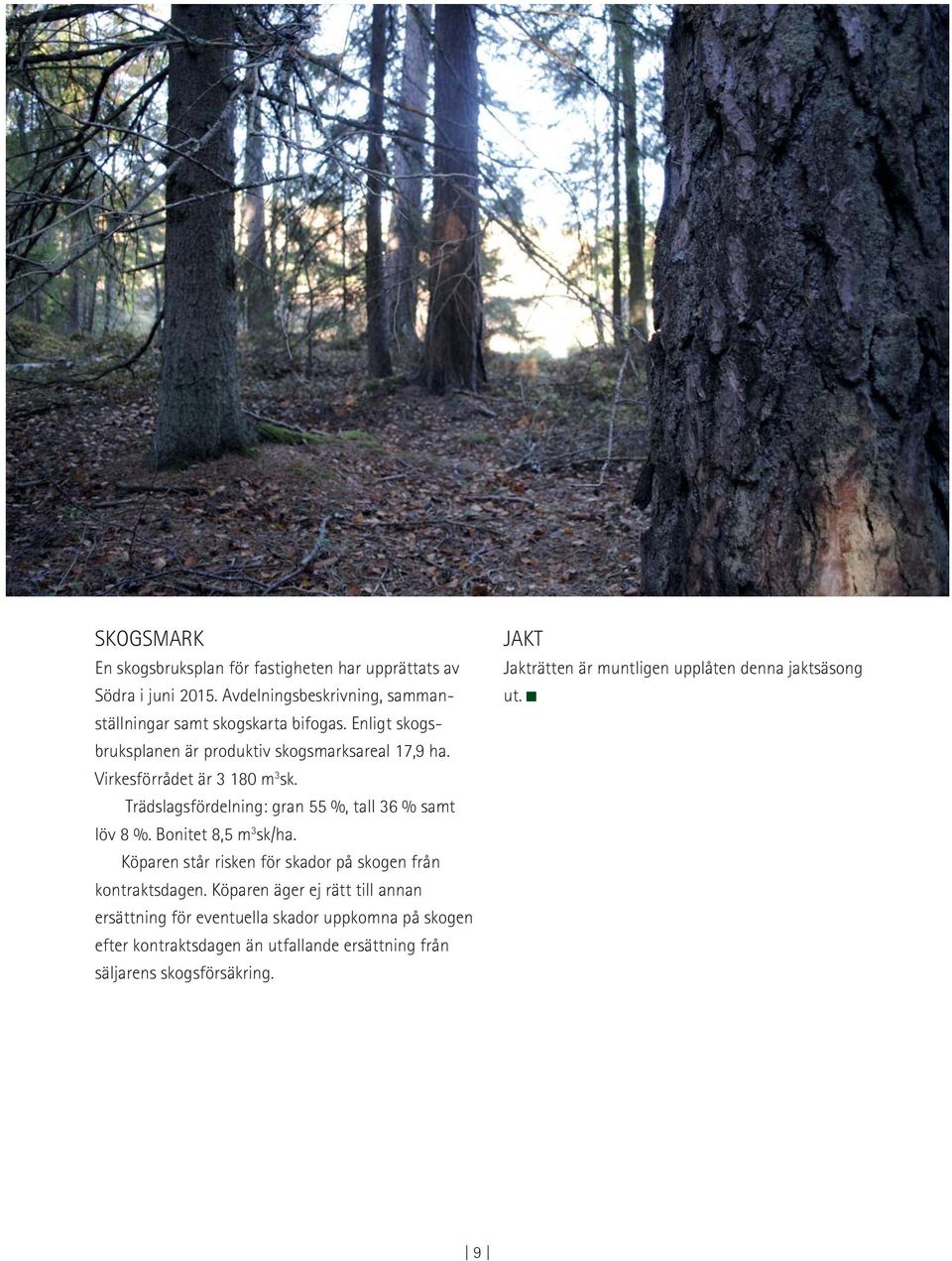 Bonitet 8,5 m 3 sk/ha. Köparen står risken för skador på skogen från kontraktsdagen.