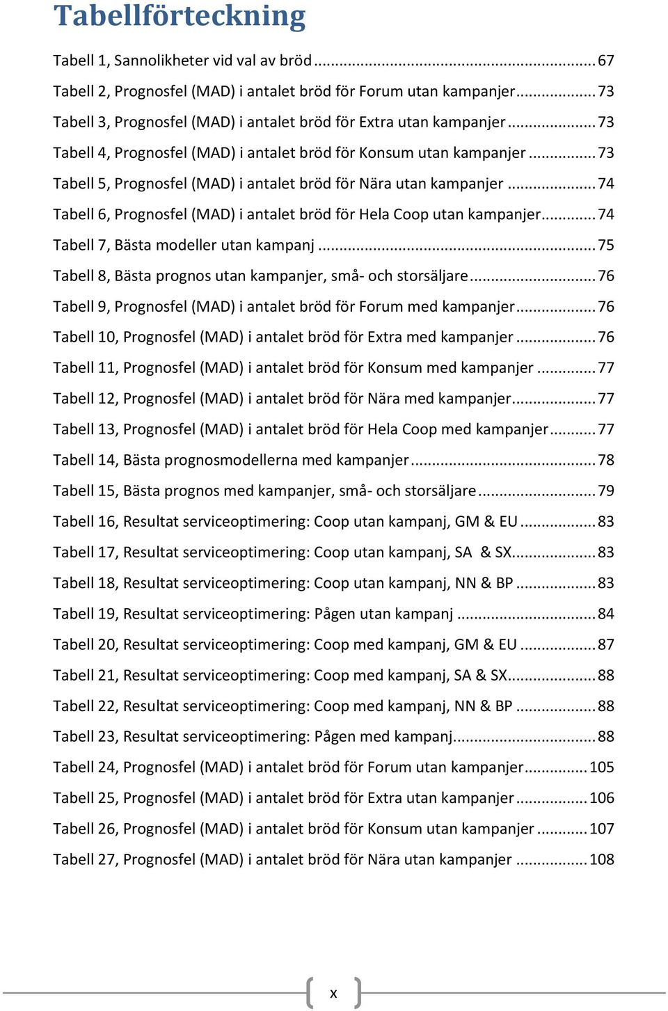 .. 73 Tabell 5, Prognosfel (MAD) i antalet bröd för Nära utan kampanjer... 74 Tabell 6, Prognosfel (MAD) i antalet bröd för Hela Coop utan kampanjer... 74 Tabell 7, Bästa modeller utan kampanj.