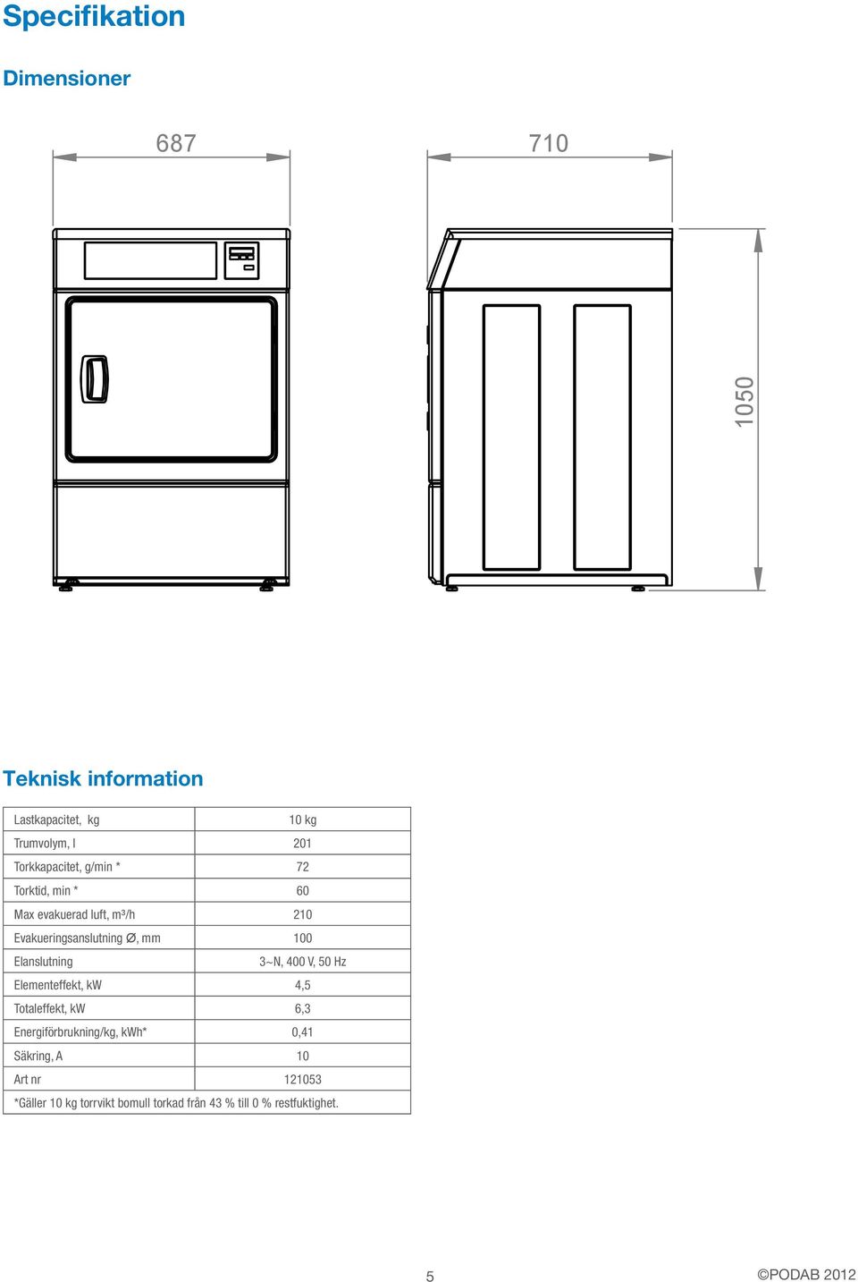 Elanslutning 3~N, 400 V, 50 Hz Elementeffekt, kw 4,5 Totaleffekt, kw 6,3 Energiförbrukning/kg, kwh* 0,41