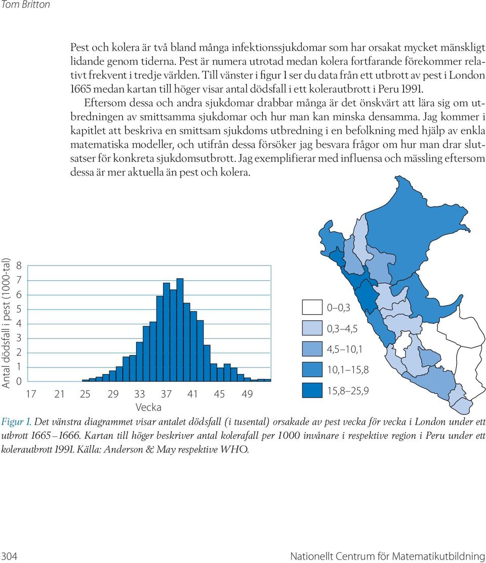 Till vänster i figur 1 ser du data från ett utbrott av pest i London 1665 medan kartan till höger visar antal dödsfall i ett kolerautbrott i Peru 1991.