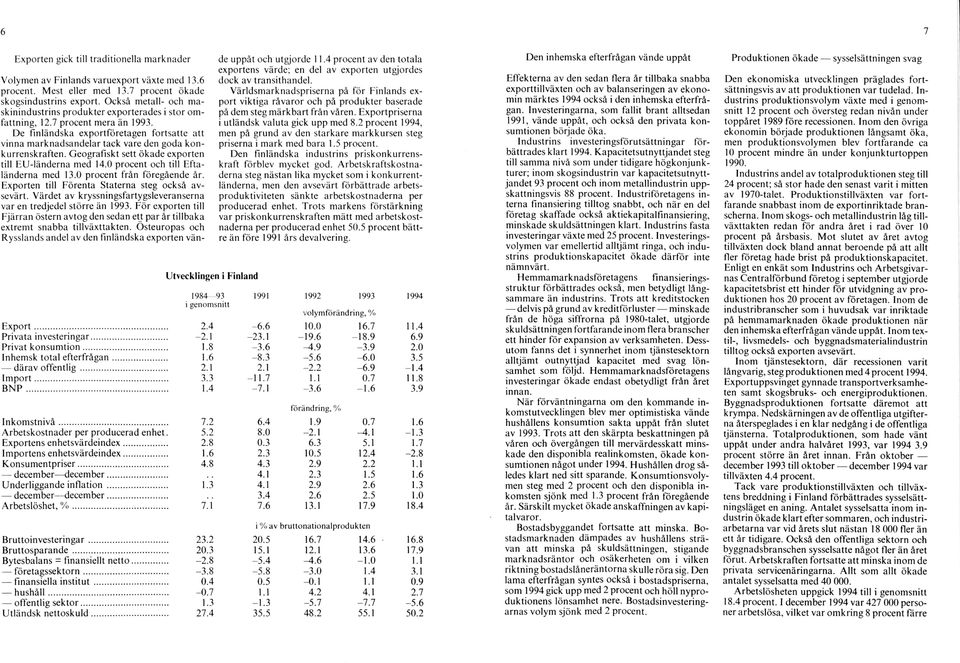 2 procent 1994, men på grund av den starkare m arkkursen steg priserna i m ark med bara 1.5 procent. Den finländska industrins p riskon ku rren s kraft förblev mycket god.