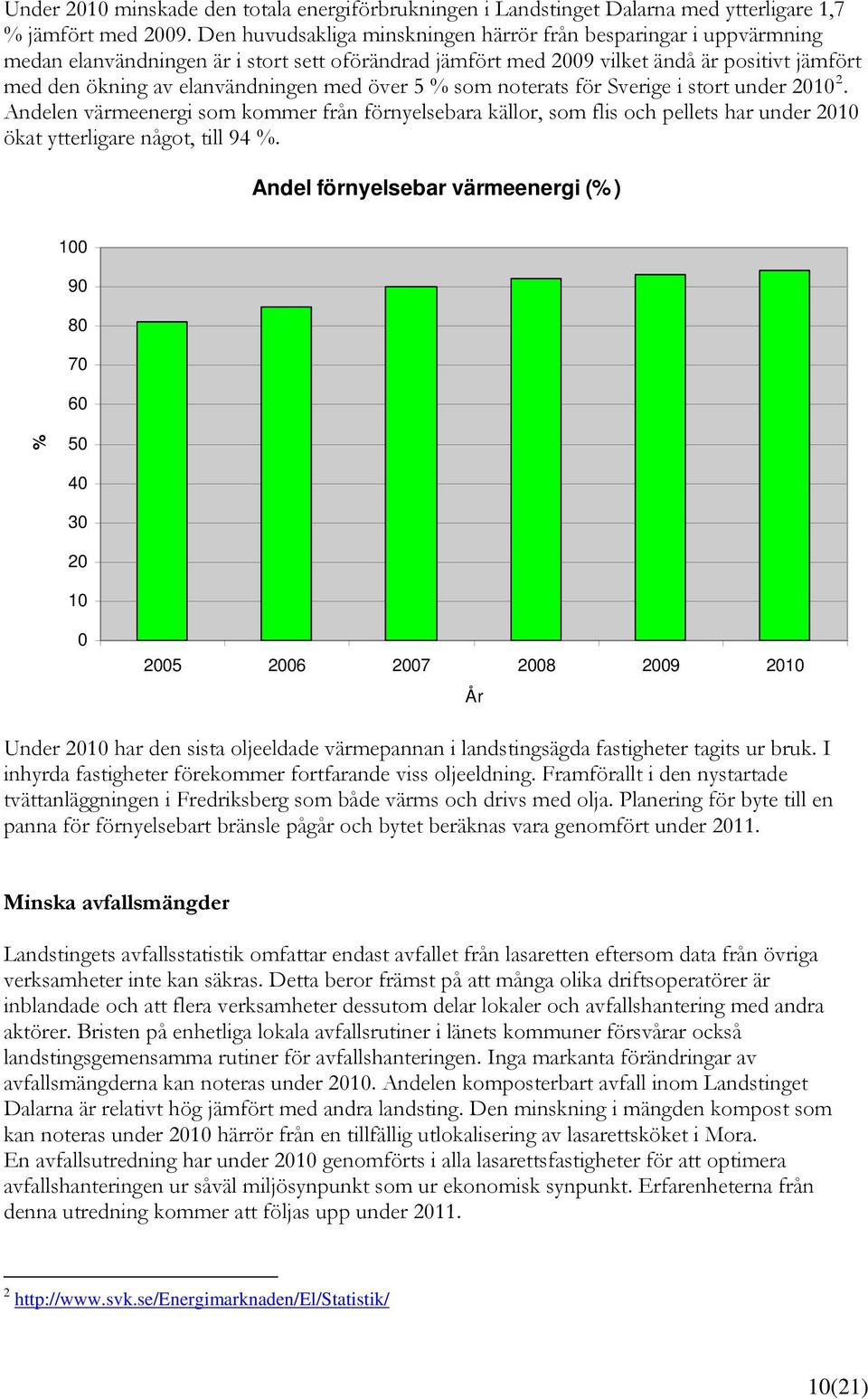 med över 5 % som noterats för Sverige i stort under 2010 2. Andelen värmeenergi som kommer från förnyelsebara källor, som flis och pellets har under 2010 ökat ytterligare något, till 94 %.
