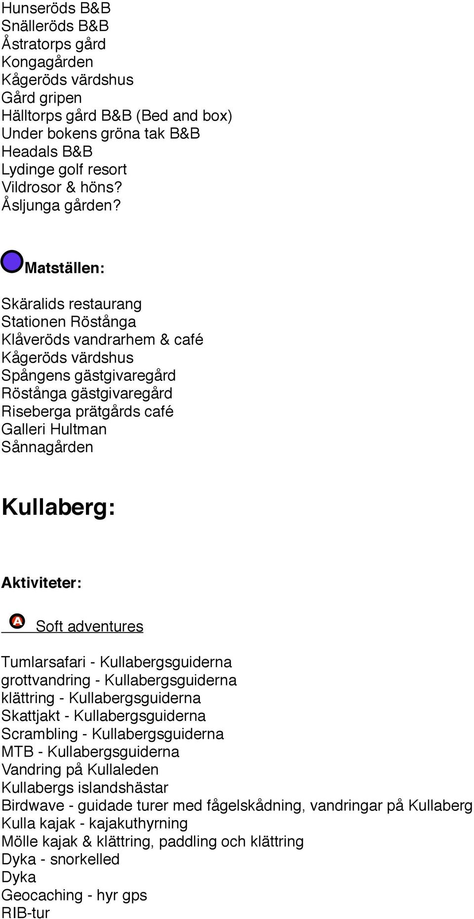 Matställen: Skäralids restaurang Stationen Röstånga Klåveröds vandrarhem & café Kågeröds värdshus Spångens gästgivaregård Röstånga gästgivaregård Riseberga prätgårds café Galleri Hultman Sånnagården