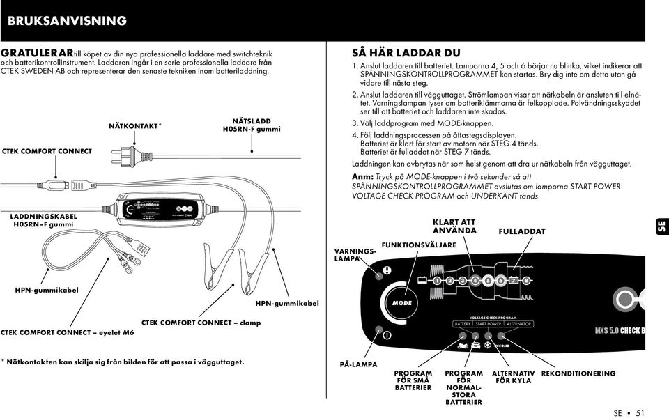 CTEK COMFORT CONNECT NÄTKONTAKT* NÄTSLADD H05RN-F gummi SÅ HÄR LADDAR DU 1. Anslut laddaren till batteriet.