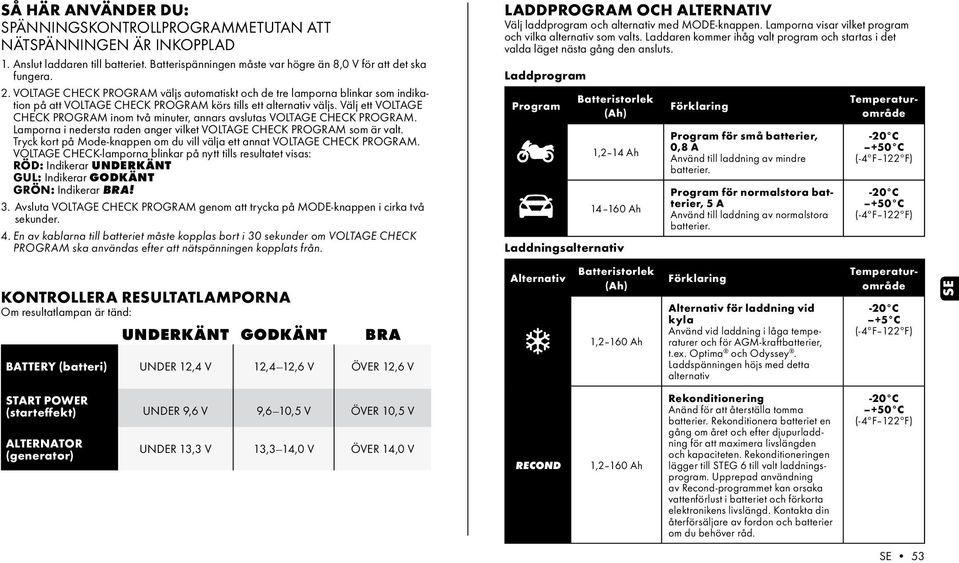 Välj ett VOLTAGE CHECK PROGRAM inom två minuter, annars avslutas VOLTAGE CHECK PROGRAM. Lamporna i nedersta raden anger vilket VOLTAGE CHECK PROGRAM som är valt.