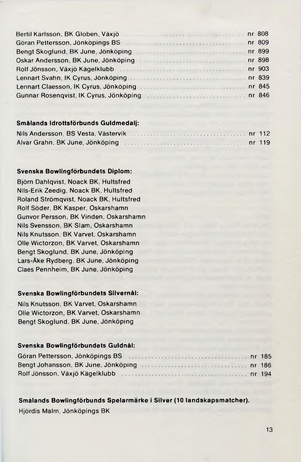 Gunnar Rosenqvist, IK Cyrus, Jönköping nr 808 nr 809 nr 899 nr 898 nr 903 nr 839 nr 845 nr 846 Smålands Idrottsförbunds Guldmedalj: Nils Andersson, BS Vesta, Västervik nr 112 Alvar Grahn, BK June,