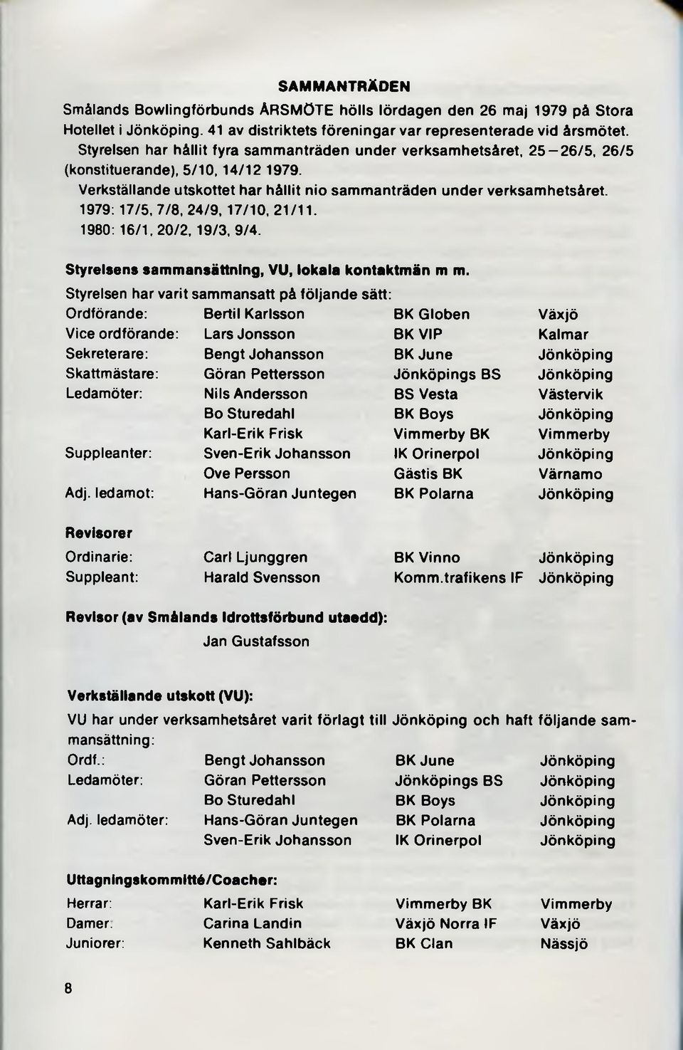 1979: 17/5, 7/8, 24/9, 17/10, 21/11. 1980:16/1,20/2,19/3, 9/4. Styrelsens sammansättning, VU, lokala kontaktm än m m.