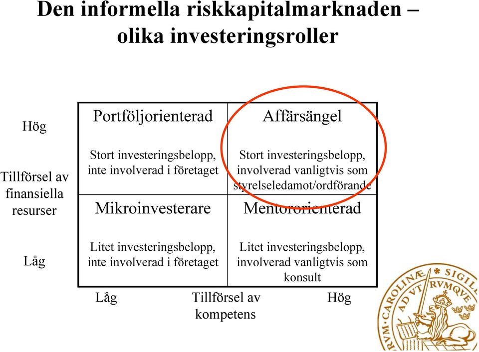 investeringsbelopp, involverad vanligtvis som styrelseledamot/ordförande Mentororienterad Låg Litet