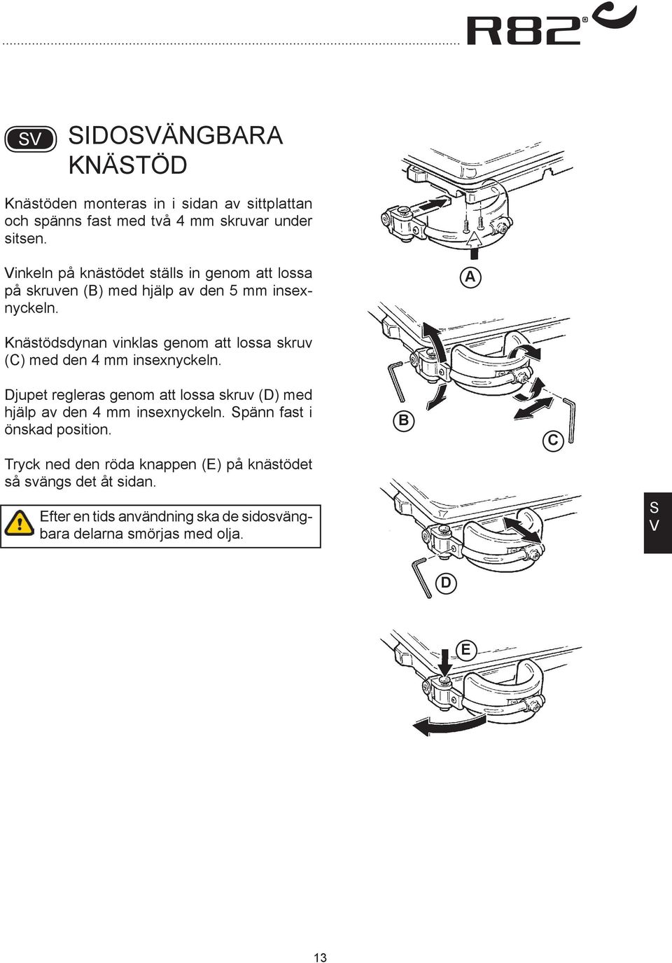 Knästödsdynan vinklas genom att lossa skruv () med den 4 mm insexnyckeln.