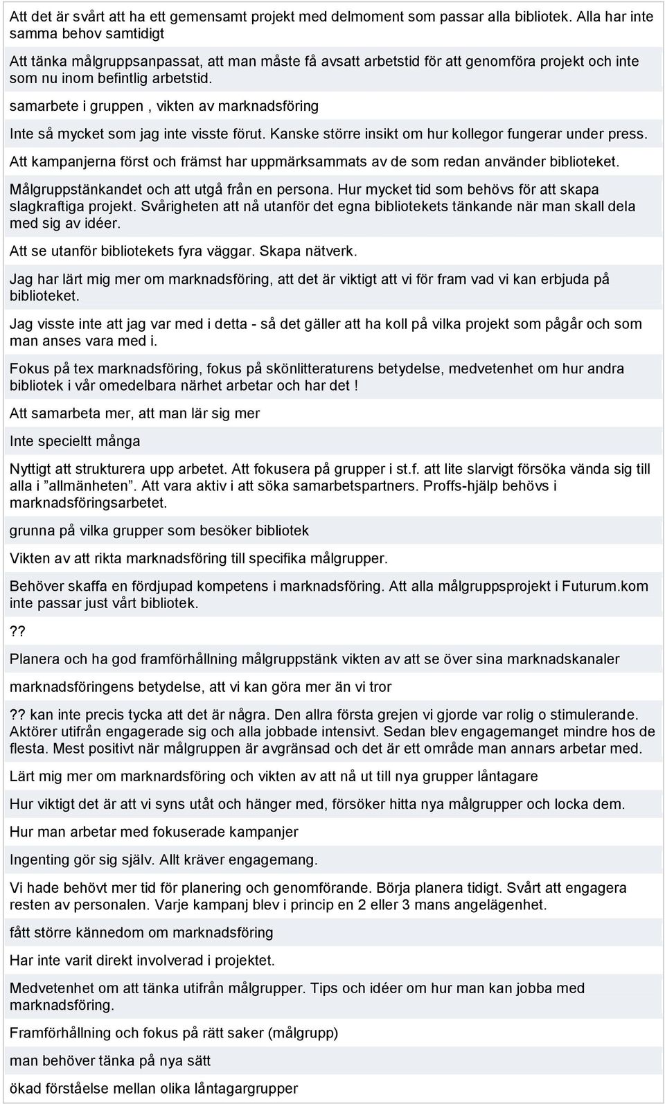 samarbete i gruppen, vikten av marknadsföring Inte så mycket som jag inte visste förut. Kanske större insikt om hur kollegor fungerar under press.