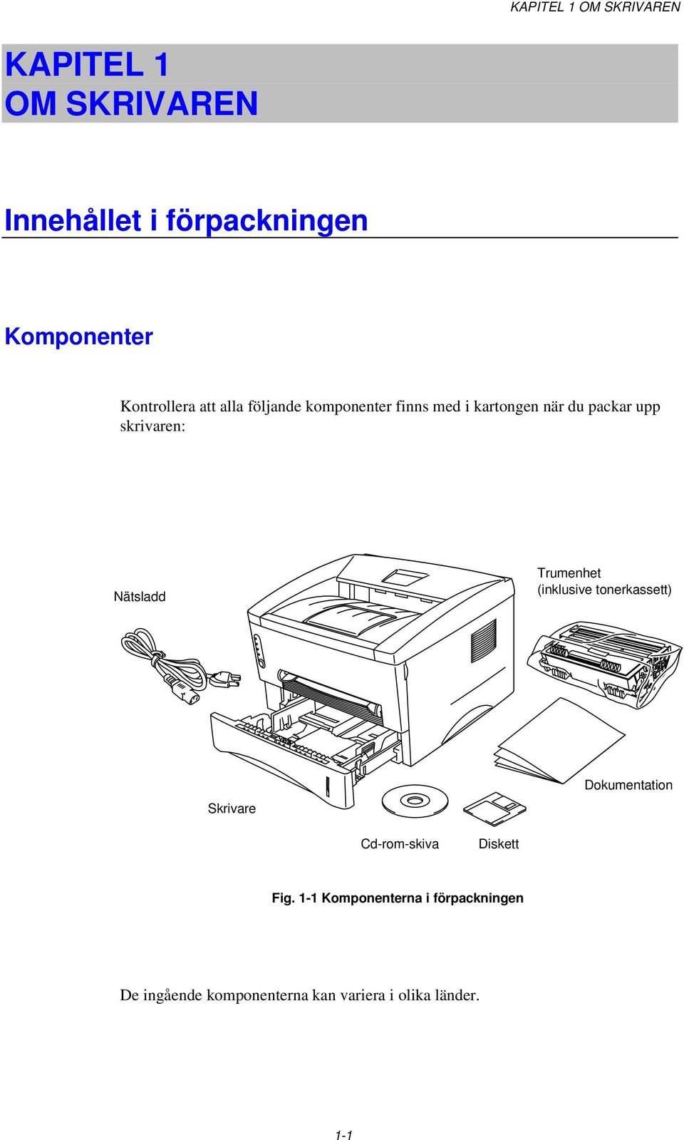 skrivaren: Nätsladd Trumenhet (inklusive tonerkassett) Skrivare Dokumentation Cd-rom-skiva