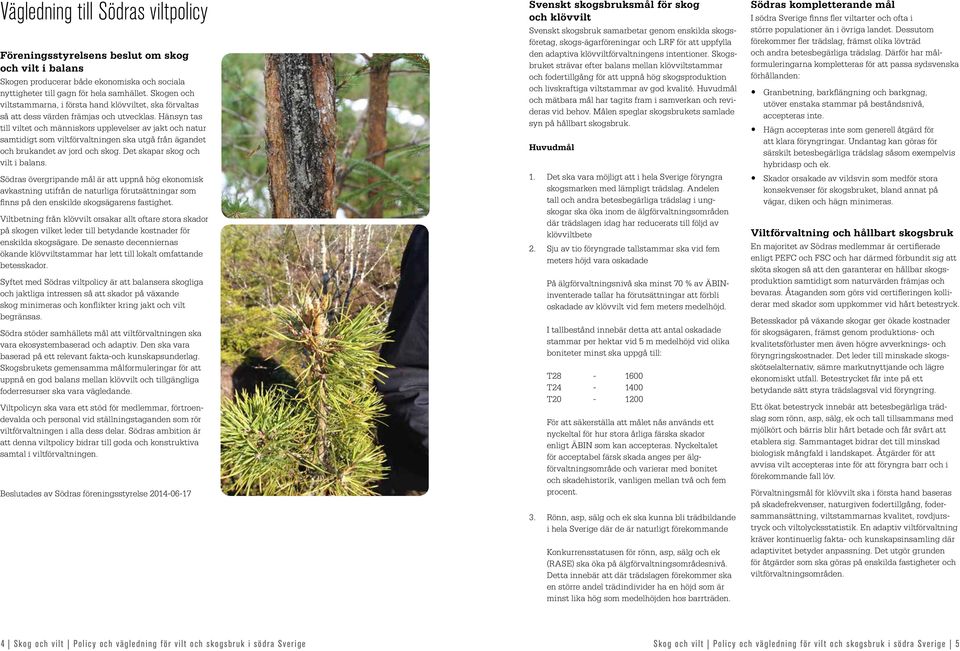 Hänsyn tas till viltet och människors upplevelser av jakt och natur samtidigt som viltförvaltningen ska utgå från ägandet och brukandet av jord och skog. Det skapar skog och vilt i balans.