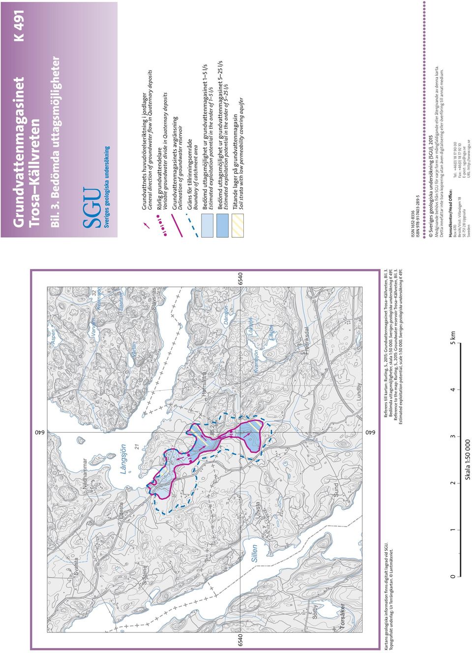 , 2015: Groundwater reservoir Trosa Källvreten, Bil. 3. Estimated exploitation potential, scale 1:50 000. Sveriges geologiska undersökning K 491.