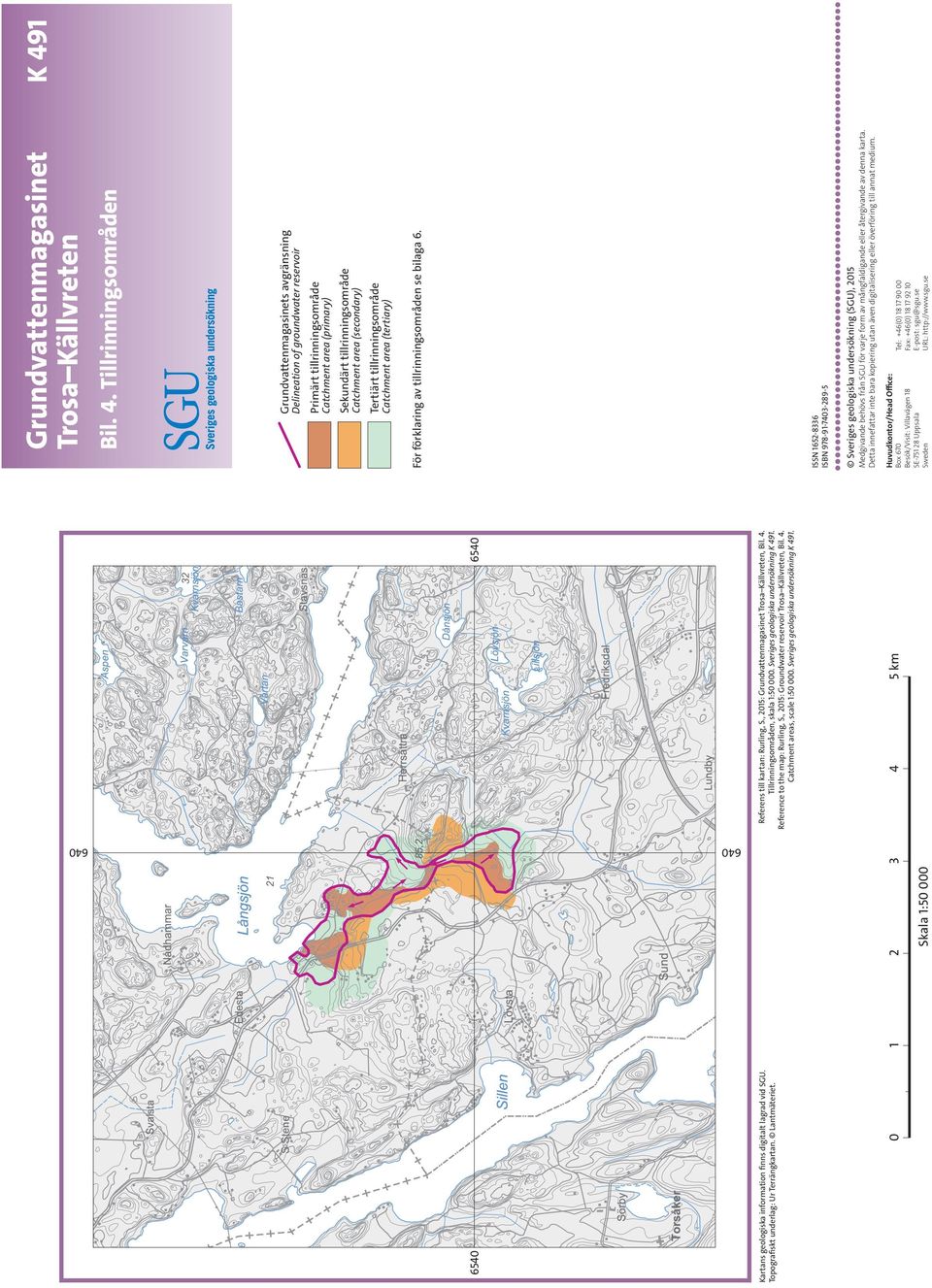 , 2015: Groundwater reservoir Trosa Källvreten, Bil. 4. Catchment areas, scale 1:50 000. Sveriges geologiska undersökning K 491.