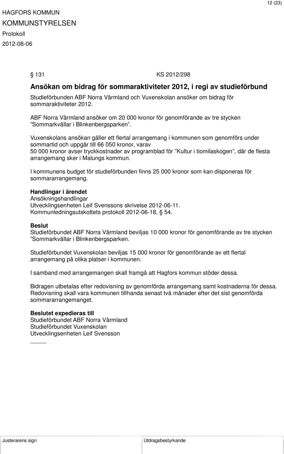 Vuxenskolans ansökan gäller ett flertal arrangemang i kommunen som genomförs under sommartid och uppgår till 66 050 kronor, varav 50 000 kronor avser tryckkostnader av programblad för Kultur i