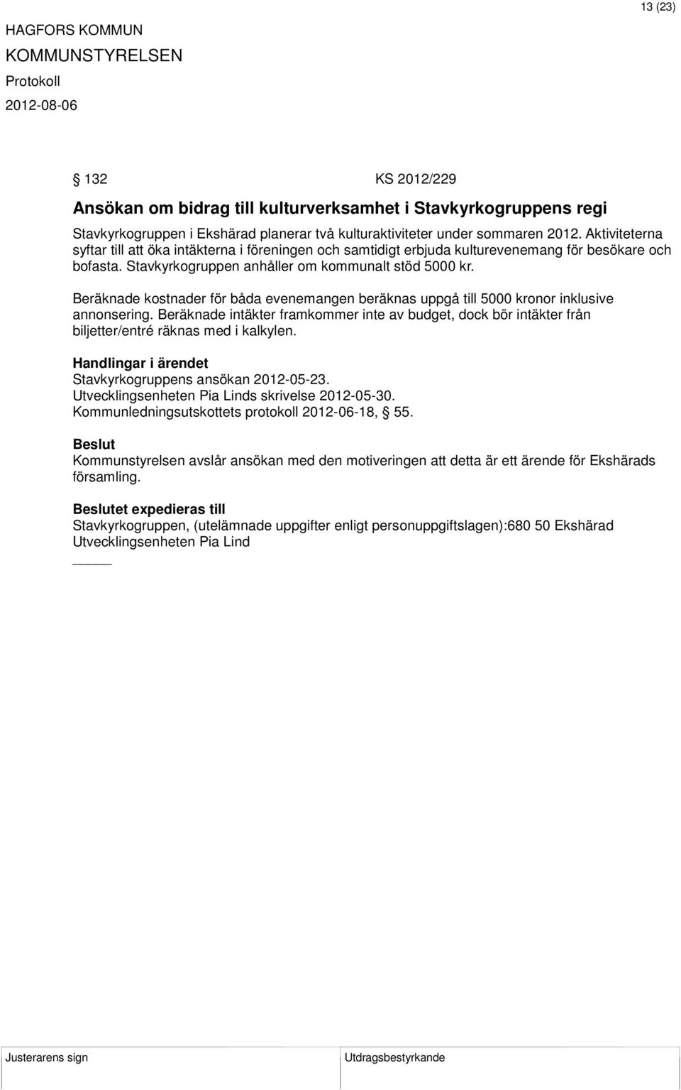 Beräknade kostnader för båda evenemangen beräknas uppgå till 5000 kronor inklusive annonsering.