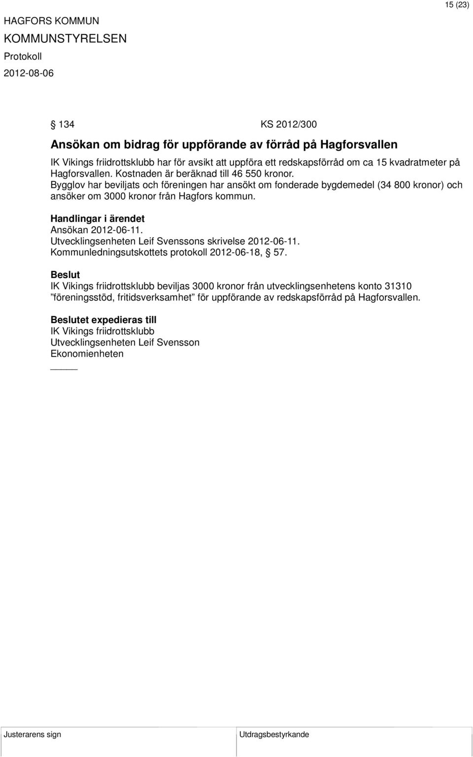 Bygglov har beviljats och föreningen har ansökt om fonderade bygdemedel (34 800 kronor) och ansöker om 3000 kronor från Hagfors kommun. Ansökan 2012-06-11.