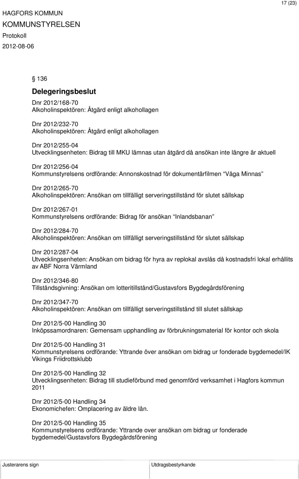 om tillfälligt serveringstillstånd för slutet sällskap Dnr 2012/267-01 Kommunstyrelsens ordförande: Bidrag för ansökan Inlandsbanan Dnr 2012/284-70 Alkoholinspektören: Ansökan om tillfälligt