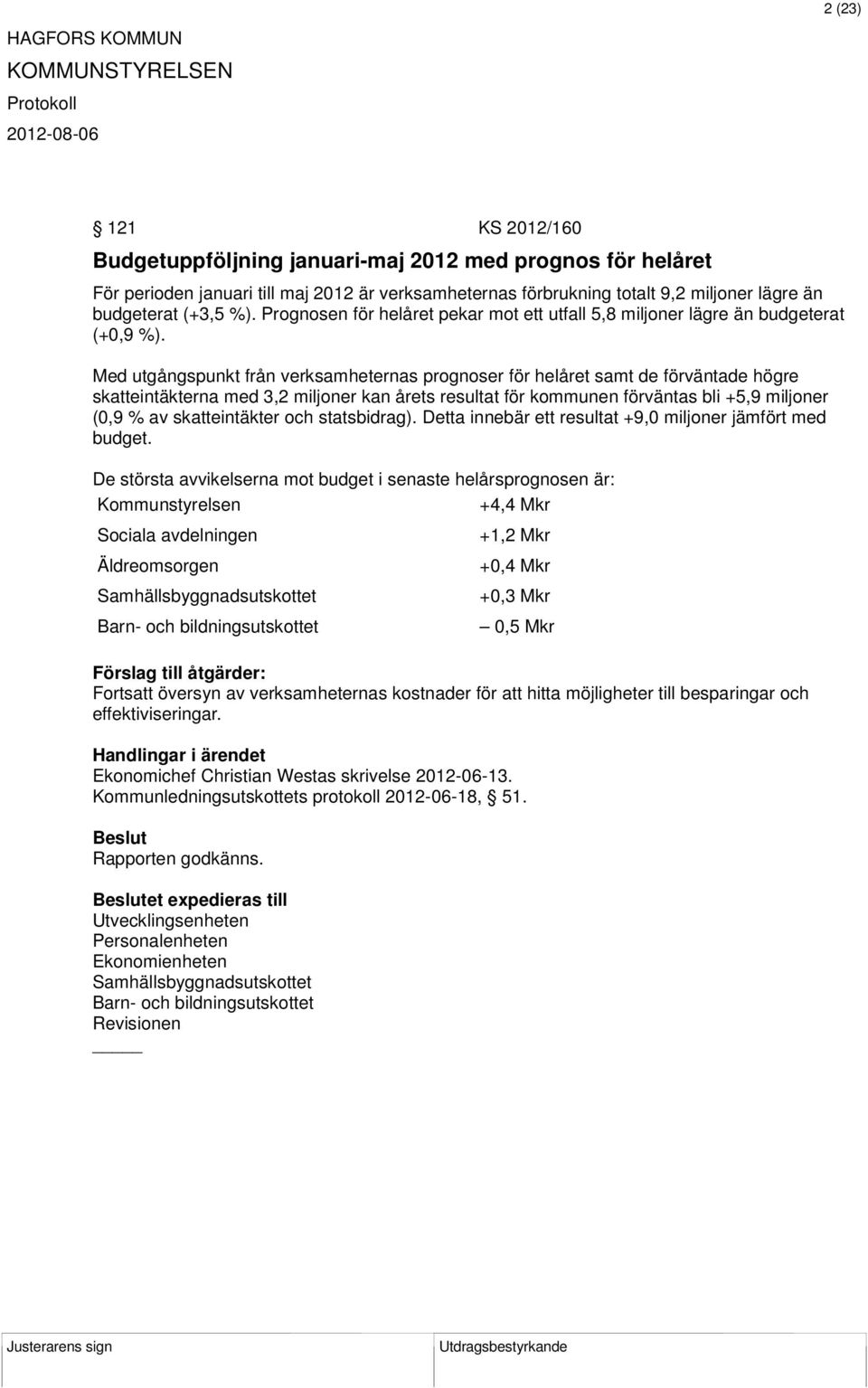 Med utgångspunkt från verksamheternas prognoser för helåret samt de förväntade högre skatteintäkterna med 3,2 miljoner kan årets resultat för kommunen förväntas bli +5,9 miljoner (0,9 % av