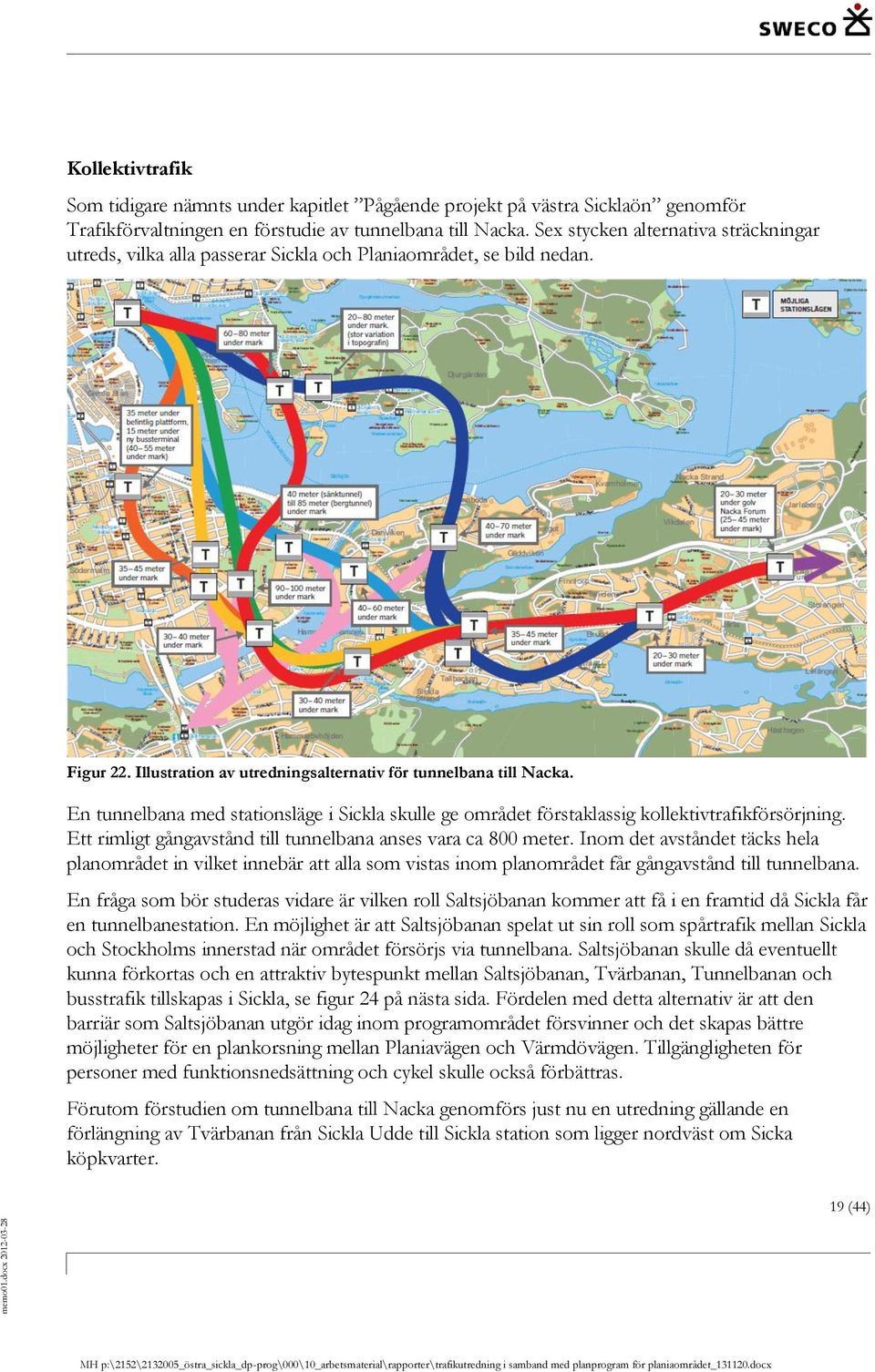 En tunnelbana med stationsläge i Sickla skulle ge området förstaklassig kollektivtrafikförsörjning. Ett rimligt gångavstånd till tunnelbana anses vara ca 800 meter.