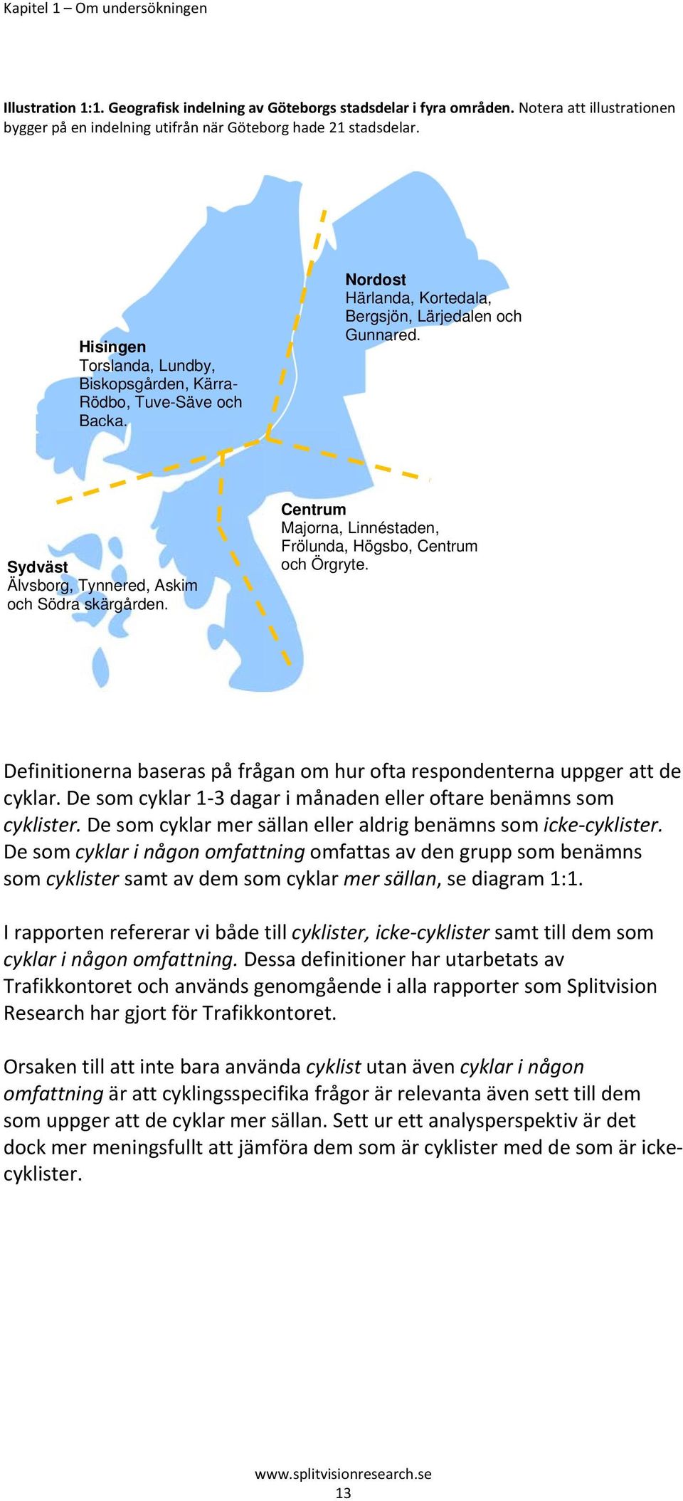 Centrum Majorna, Linnéstaden, Frölunda, Högsbo, Centrum och Örgryte. Definitionerna baseras på frågan om hur ofta respondenterna uppger att de cyklar.
