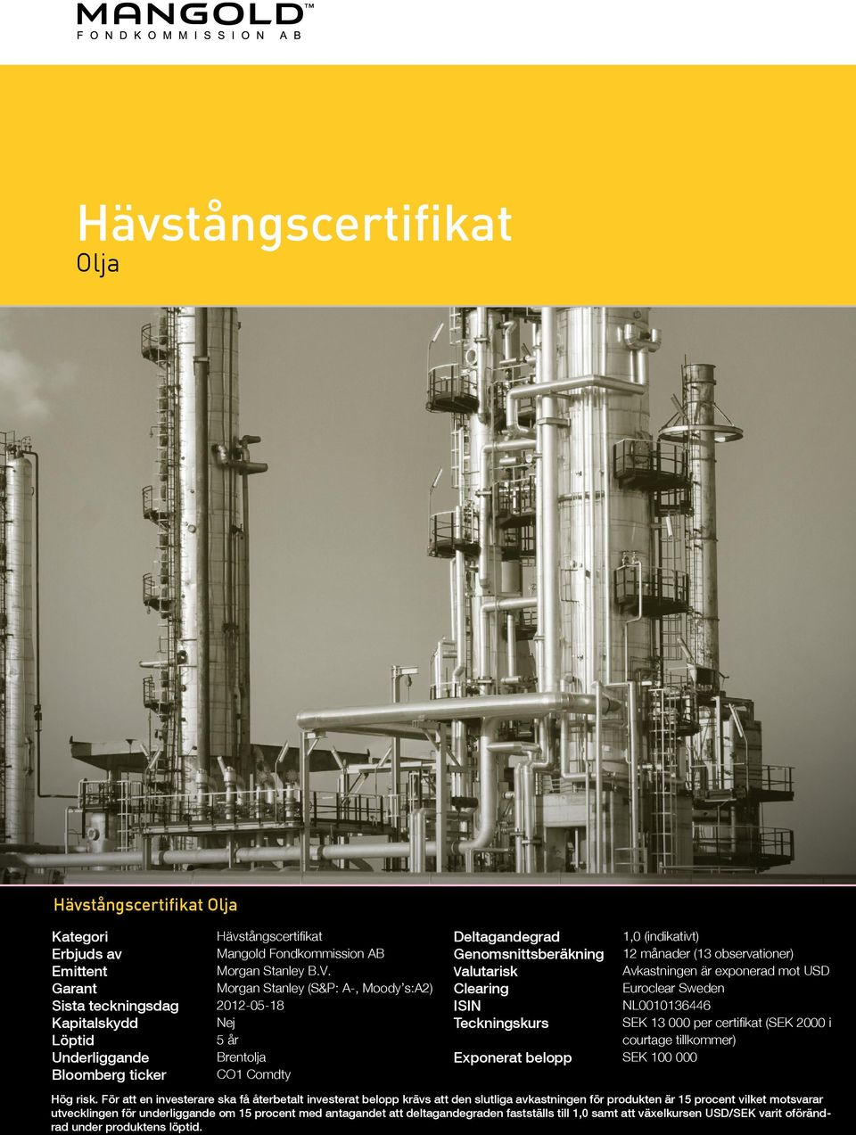 Morgan Stanley (S&P: A-, Moody s:a2) 2012-05-18 Nej 5 år Brentolja CO1 Comdty Deltagandegrad Genomsnittsberäkning Valutarisk Clearing ISIN Teckningskurs Exponerat belopp 1,0 (indikativt) 12 månader
