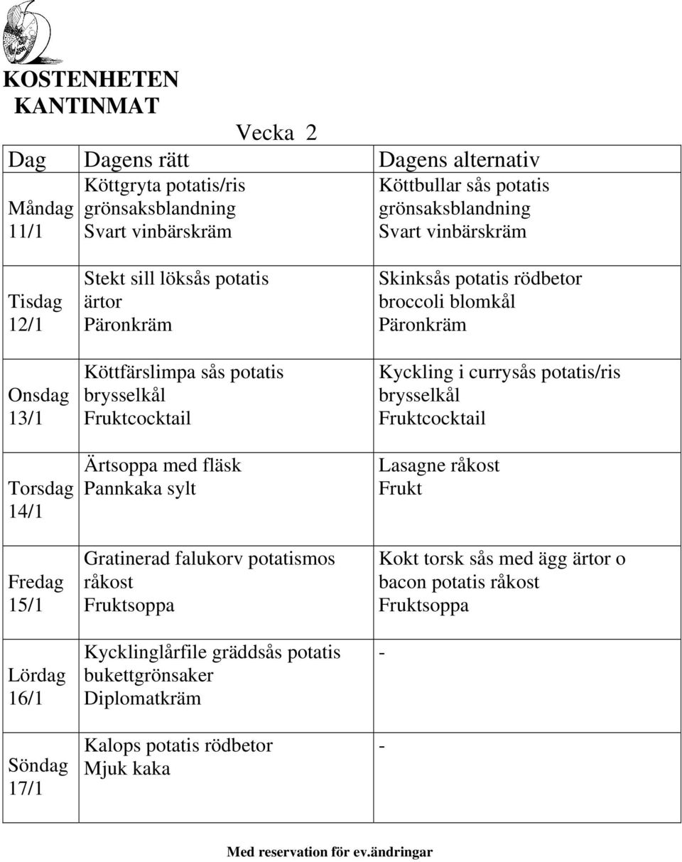 potatismos soppa Kycklinglårfile gräddsås potatis bukettgrönsaker Diplomatkräm Kalops potatis rödbetor Mjuk kaka Skinksås potatis